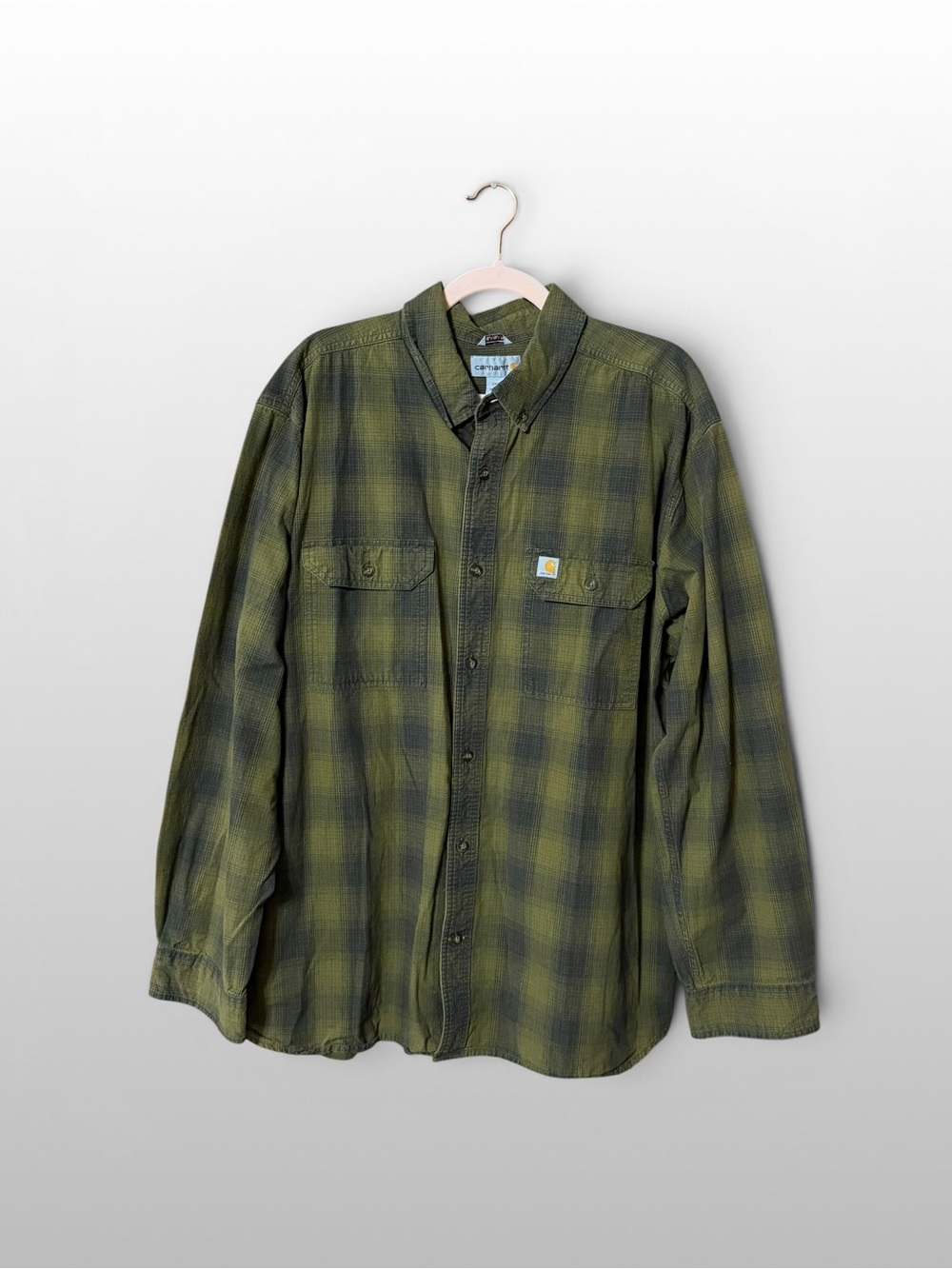 Carhartt Relaxed Fit Plaid Work Shirt Olive Green Brown 2XL Cotton